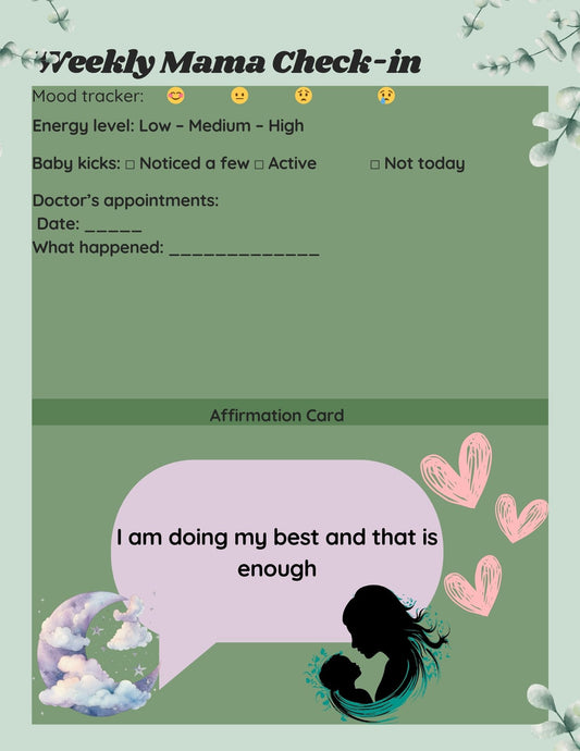 Weekly Pregnancy Journal Prompt Page with space for cravings, mood, and baby growth