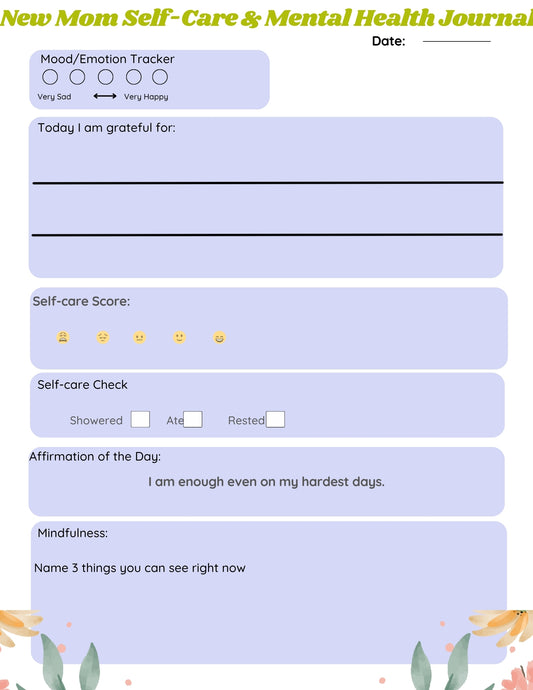 Printable mood and emotion tracker page for postpartum mental health journal